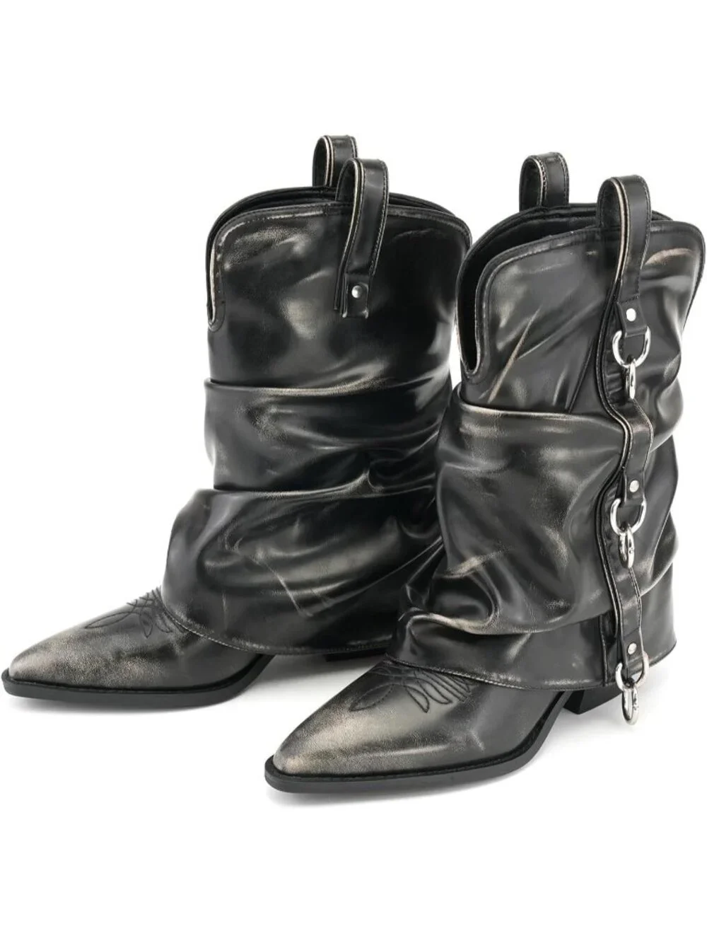 Women's Retro Grey Rubber Calf High and Pointed Toe Slouchy Riding Boots